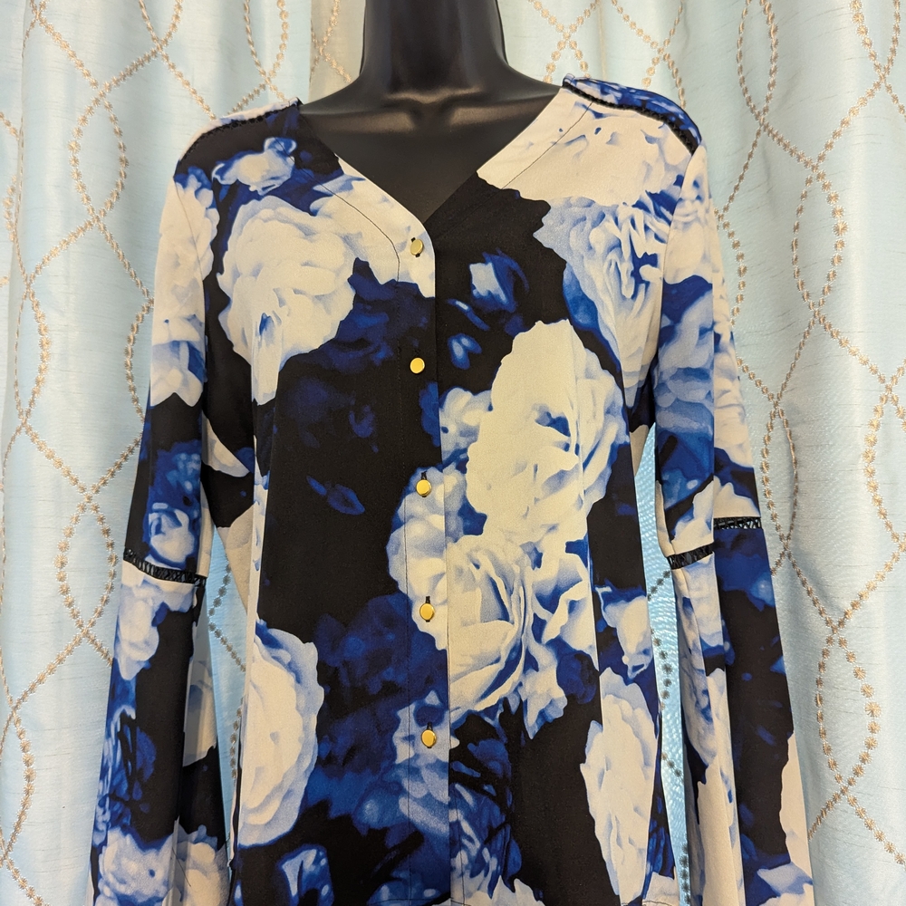 85. Calvin Klein Black Blue & White Rose Print Button-Up Blouse - Small